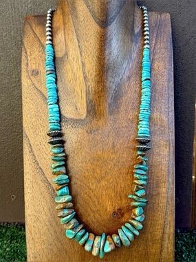 Sterling Silver Blue Green Turquoise Nuggets W Pearls Bead Necklace. 24 Inch